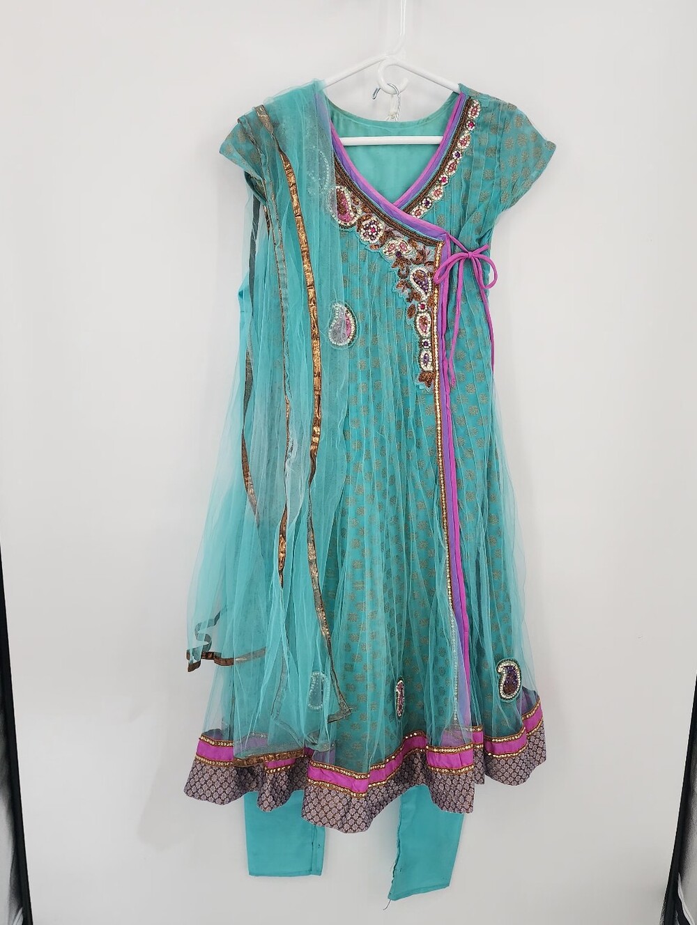 Turquoise & Pink Embellished Anarkali Dress Set